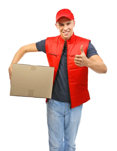 Delivery man with a carton package — Stock Photo, Image