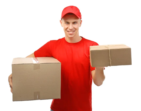 Entrega homem com caixas de papelão — Fotografia de Stock