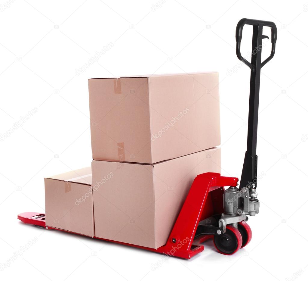 Fork pallet truck with stack of cardboard boxes