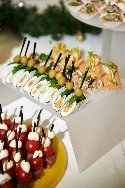 Buffet Table Snacks Canape Appetizers Luxury Christmas Party Copy Space — Stock Photo, Image