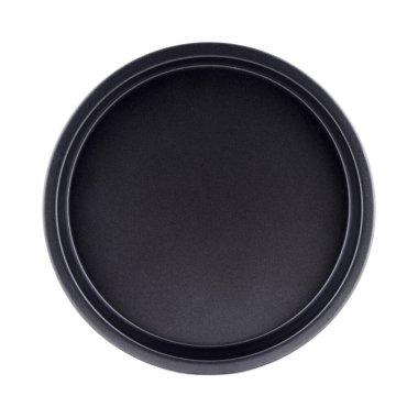 Kek formu beyaz arkaplanda izole edildi, boşluğu kopyala. Kek kabı, metal küf, fırın takımı. Üstten, düz, üstten