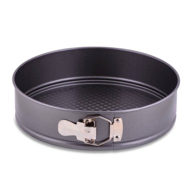 Kek formu beyaz arkaplanda izole edildi, boşluğu kopyala. Kek kabı, metal küf, kek kabı..