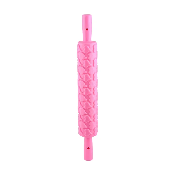 Pink Silikon Nudelholz Mit Herzen Isoliert Auf Weißem Hintergrund Kopierraum — Stockfoto