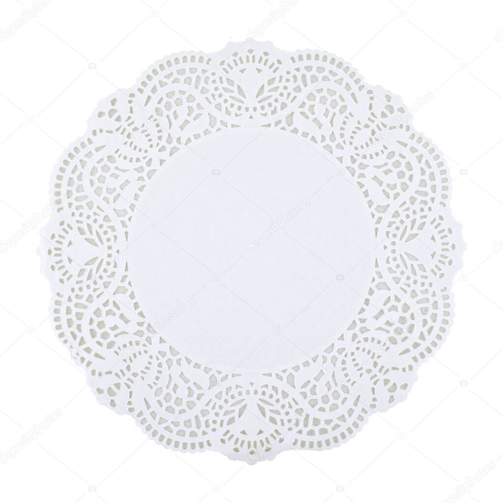 Round white doily isolated on white background, copy space. Clipping path