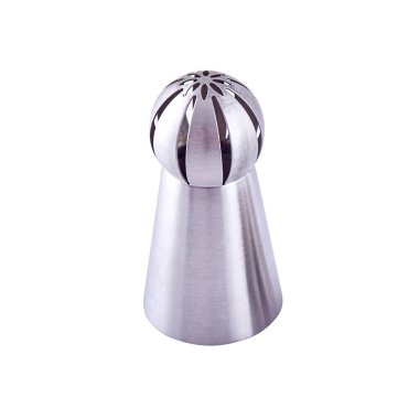 Paslanmaz çelik boru başlığı beyaz arka planda izole edilmiş, kopyalama alanı. Pasta ve kurabiye süslemek için krema ucu. Buzlanma başlığı, krema.