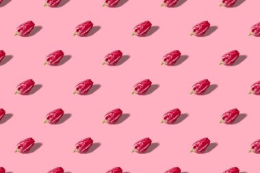 Pembe pastel arka planda lale çiçekleri olan yaratıcı desen, kopyalama alanı. Bahar minimum konsepti. Kadınlar Günü, Anneler Günü, Sevgililer Günü, Paskalya, doğum günü. Düz yatış, üst görünüm