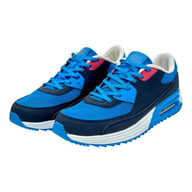 Beyaz arka planda, kırpma yolu ile izole edilmiş bir çift mavi spor ayakkabı. Boş yeni ayakkabılar, kopyalama alanı. Koşu ayakkabıları