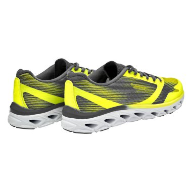 Bir çift sarı spor ayakkabısı beyaz arka planda izole edilmiş ve kırpma yolu var. Boş yeni ayakkabılar, kopyalama alanı. Koşu ayakkabıları