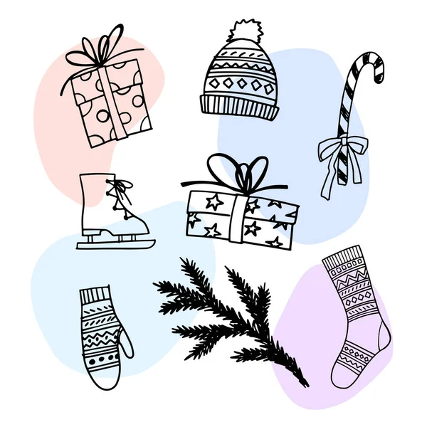 Ensemble Noël Avec Des Cadeaux Vacances Croquis Dessiné Main Art — Image vectorielle