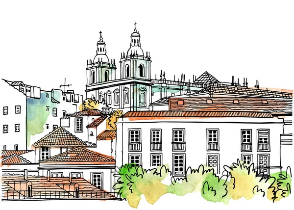 手描きのスケッチスタイルでカラフルな都市景観 ポルトガルの旧リスボンの屋根 線画だ 背景水彩のベクトルイラスト — ストックベクタ