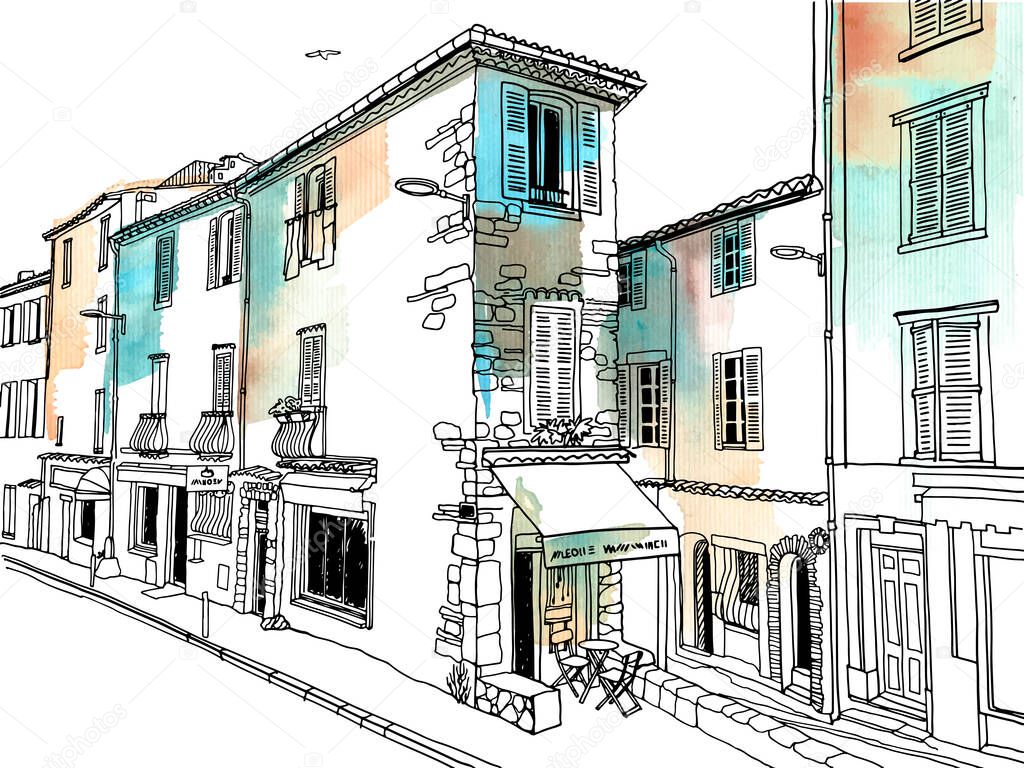 Old street of romantic Provence, France. Lovely landscape in hand drawn sketch style. Line art. Wall decor. Vector illustration on background watercolour