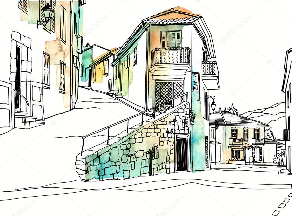 Old street of romantic Provence, France. Lovely landscape in hand drawn sketch style. Line art. Wall decor. Vector illustration on background watercolour