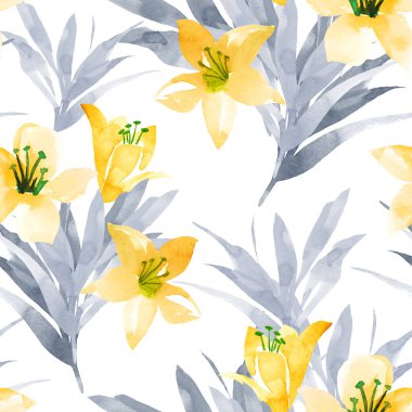 Lily 'nin çiçekleri kusursuz desen. El çizimi suluboya. Bahar renkleri. Çiçek arka planı
