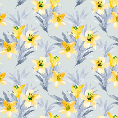 Lily 'nin çiçekleri kusursuz desen. El çizimi suluboya. Bahar renkleri. Çiçek arka planı