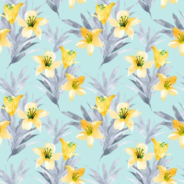 Lily Flowers Seamless Pattern Hand Drawn Style Watercolour Spring Trendy — Stock Photo, Image