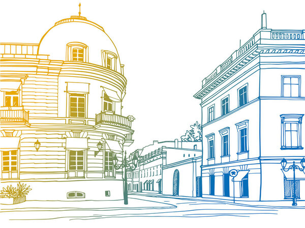 Colourful Urban landscape in hand drawn sketch style. Nice cityscape of old Odessa, Ukraine.  Ink line sketch. Vector illustration on white.