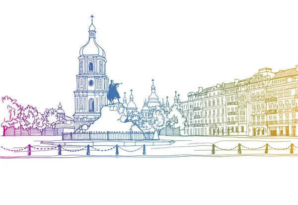 手描きのスケッチスタイルでカラフルな都市景観 旧キエフ ウクライナの素敵な街並み インクラインスケッチ 白地のベクターイラスト — ストックベクタ