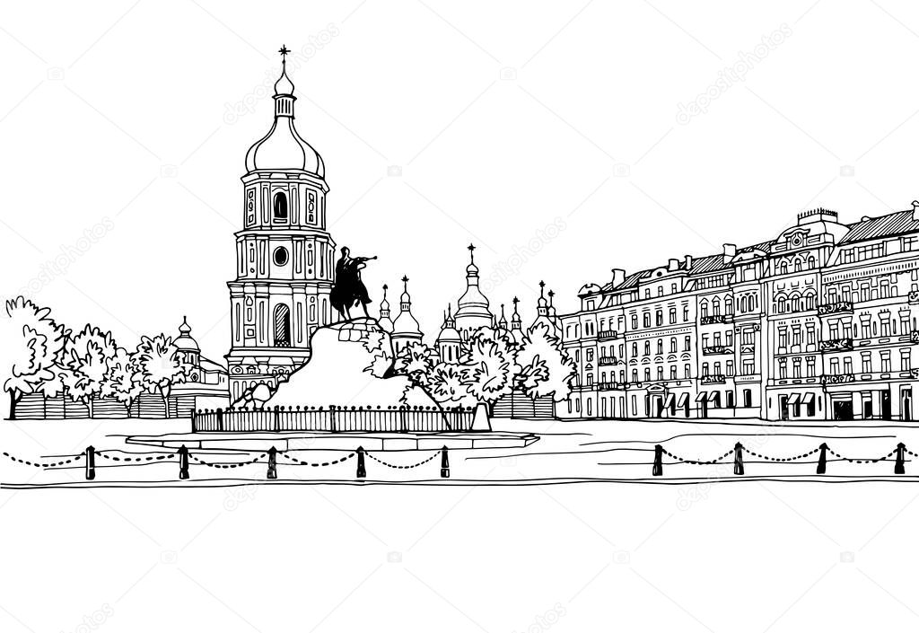 Urban landscape in hand drawn sketch style. Nice cityscape of the old Kiev, Ukraine.  Ink line sketch. Vector illustration on white.
