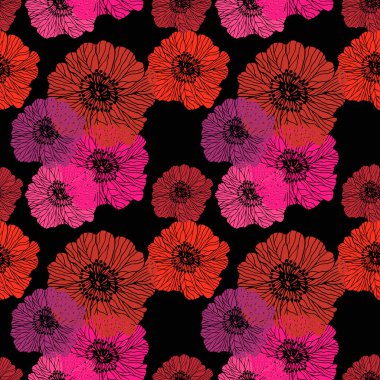 Çiçeksiz desenli, elinde gelincik çiçekleri olan. Siyahın renkli bir çizimi. Kağıt, tekstil, duvar kağıdı ve ambalaj için.