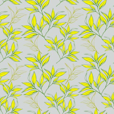 Çiçeksiz desenli çay yaprakları. El yapımı çay yaprakları arka planda. Moda yaz illüstrasyonu. Tekstil, kağıt, dekorasyon ve ambalaj için.