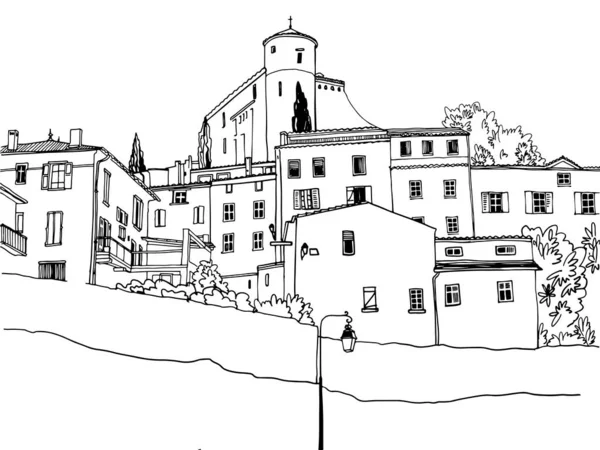 Den Antika Staden Berget Provence Fästning Högst Upp Handritad Skiss — Stock vektor