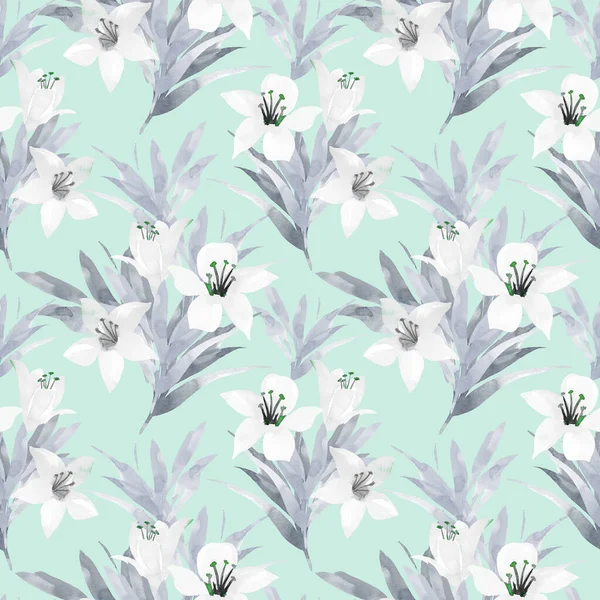 White Lily Flowers Seamless Pattern Hand Drawn Style Watercolor Spring — Stock Photo, Image