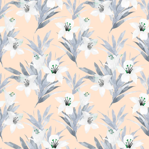 White Lily Flowers Seamless Pattern Hand Drawn Style Watercolor Spring — Stock Photo, Image
