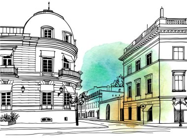 Odessa, Ukrayna 'nın güzel bir şehri. Elle çizilmiş şehir manzarası. Mürekkep çizimi. Damla suluboya üzerine vektör çizimi. İnsanlar olmadan.