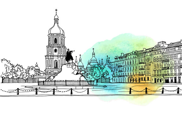 Красивый город старой Москвы, Украина. Городской пейзаж в стиле нарисованного скетча. Эскиз чернильной линии. Векторная иллюстрация на каплях акварели. Без людей.