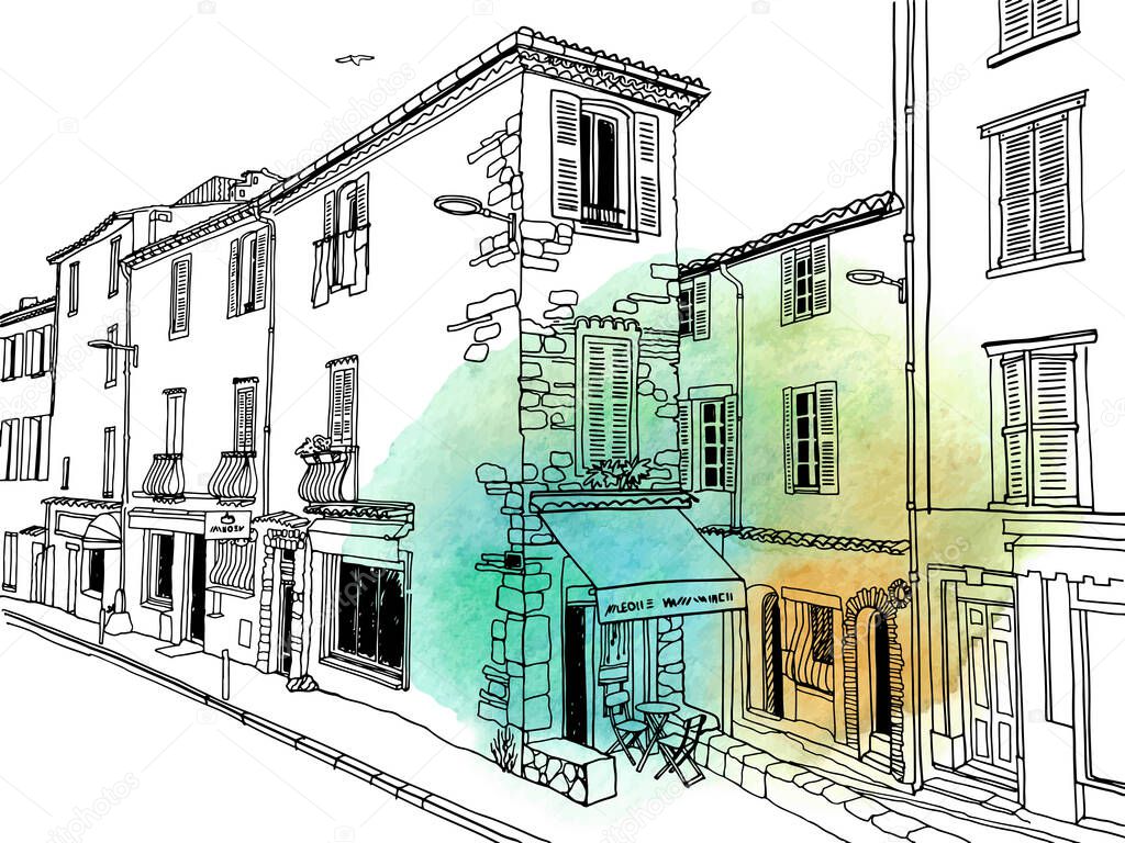 Old street of romantic Antibes, Provence, France. Nice European city. Urban landscape in hand drawn sketch style. Line art. Wall decor. Vector illustration on blob watercolour.. Without people.