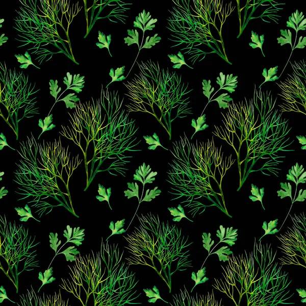 Groene Peterselie Dille Naadloos Patroon Met Hand Getekende Grasaquarel Voedselillustratie — Stockfoto
