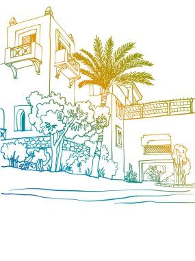 Palmiye ağaçlarıyla güzel Mısır manzarası. El çizimi mürekkep çizimi. Renkli. Çizgi çalışması. Deniz kenarında tatil. Beyazın Çizimi.