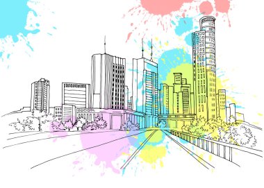 Modern şehir manzarası. El çizimi çizimi. Tel Aviv, Ramat Gan, İsrail. Renkli damlalar arka planında vektör illüstrasyonu