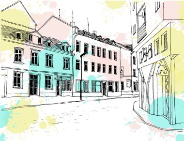 Güzel şehir manzarası çizimi. Eski Avrupa şehri. Almanya. Frankfurt ben Main 'im. Blobs arka planda güzel bir cadde çizilmiş