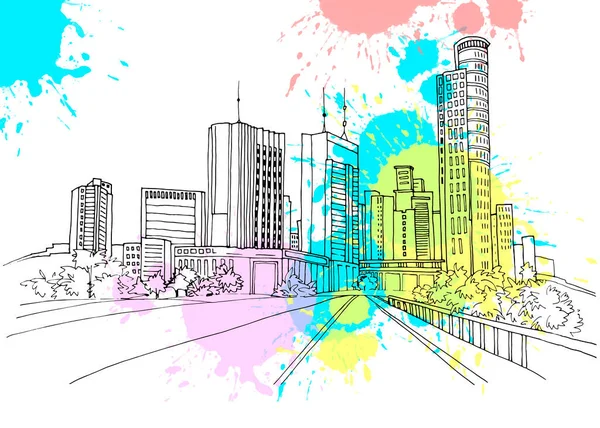 现代城市景观 手绘线条草图 特拉维夫 拉马特甘 以色列 色彩斑斓背景的矢量图解 — 图库矢量图片