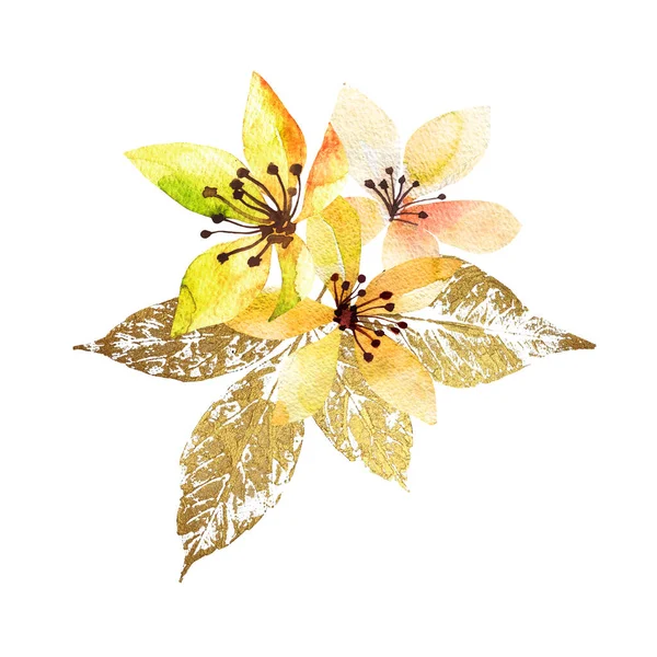 Bukiet Kwiaty Akwarela Liści Złota Ręcznie Rysowany Akwarela Stylu Ładne — Zdjęcie stockowe