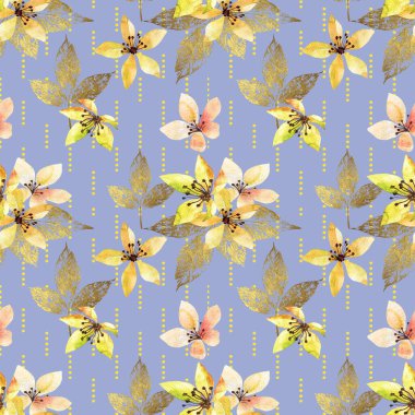 Soyut yaprakları ve suluboya çiçekleri olan dikişsiz bir desen. Mavi arkaplanda el boyama tarzında resim çizimi