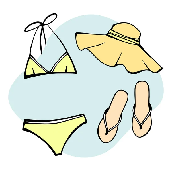 Summer Beach Set Ladies Summer Swimsuit Woman Slippers Sun Hat — Stock Vector