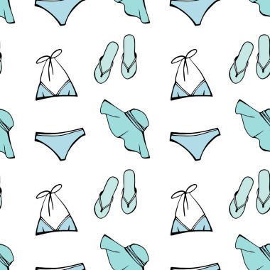 Yaz plajı pürüzsüz deseni. Bayanlar yaz mayosu, kadın terlikleri ve tasarım elementleri olarak güneş şapkası. Tatildeki en popüler kıyafet. El çizimi eskiz. Çizgi. Beyaz üzerine renkli arkaplan.