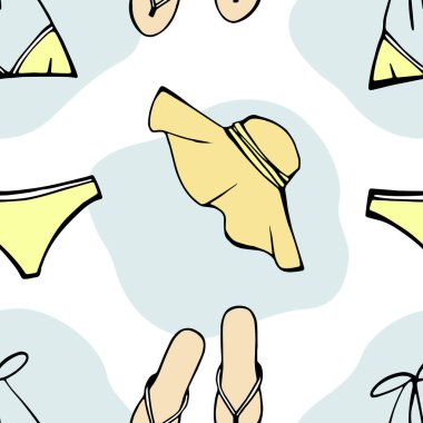 Yaz plajı pürüzsüz deseni. Bayanlar yaz mayosu, kadın terlikleri ve tasarım elementleri olarak güneş şapkası. Tatildeki en popüler kıyafet. El çizimi eskiz. Çizgi. Beyaz üzerine renkli vektör arkaplanı.
