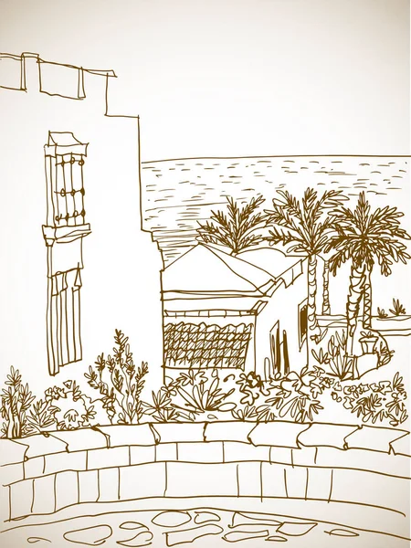 Hermoso Paisaje Egipto Con Palmeras Dibujo Tinta Línea Dibujada Mano — Vector de stock