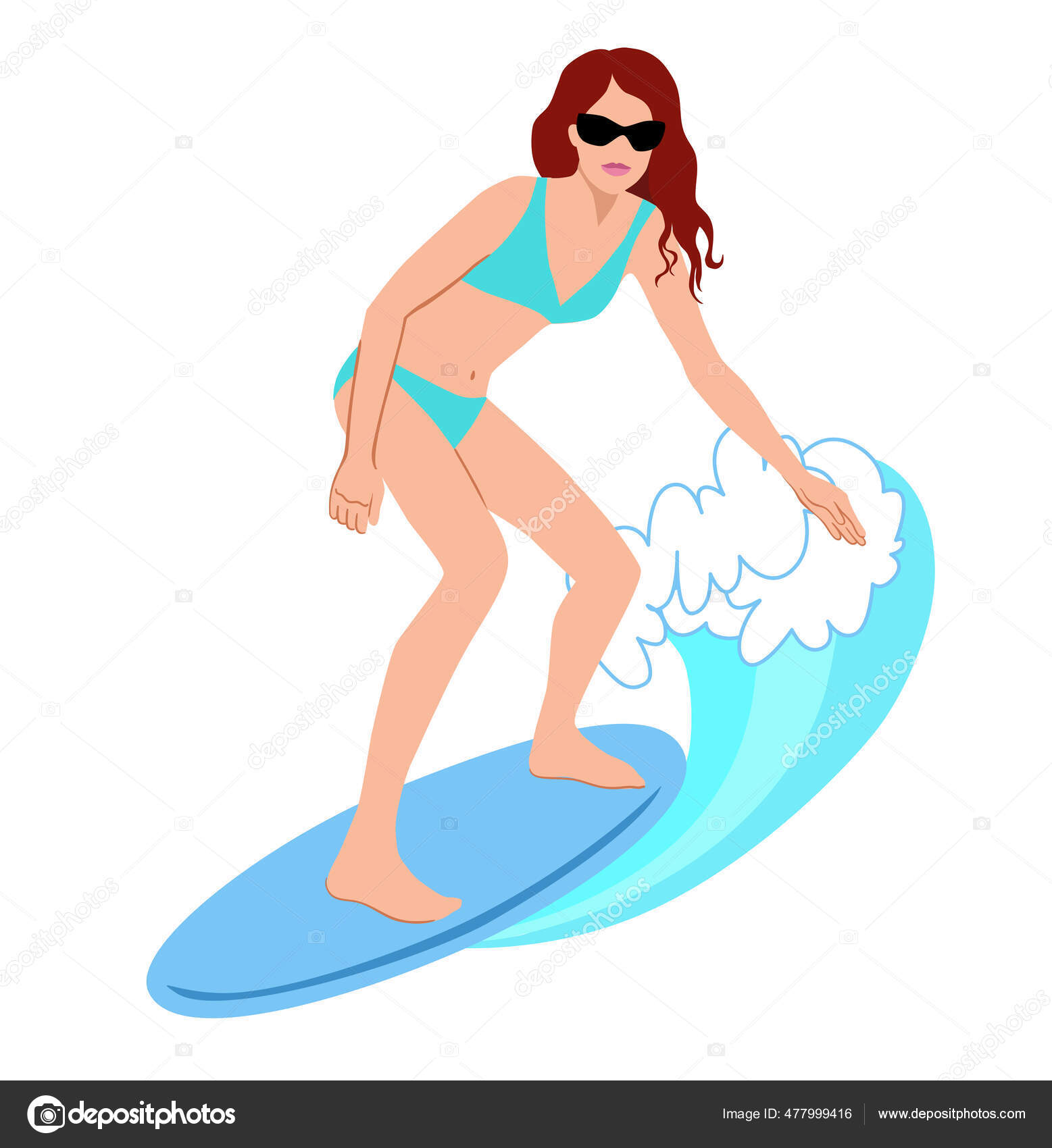 サーフボードでビキニサーフィンのかわいい女の子 手描きイラスト 夏のサーフライフスタイル ベクトル背景 ストックベクター C Elenavic