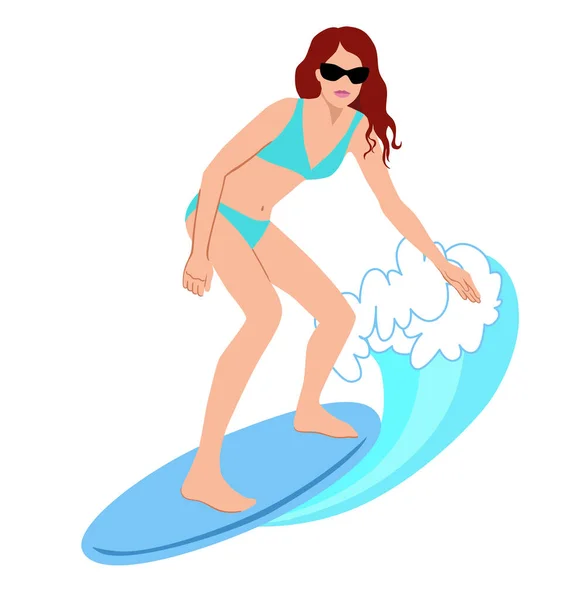 サーフボードでビキニサーフィンのかわいい女の子 手描きイラスト 夏のサーフライフスタイル ベクトル背景 — ストックベクタ