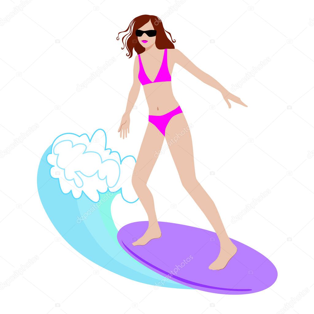 Cute girl in bikini surfing on surfboard. Hand drawn illustration. Summer surf lifestyle. Vector Background.