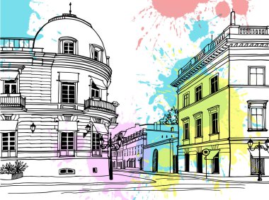 Odessa, Ukrayna 'nın güzel bir şehri. Elle çizilmiş şehir manzarası. Mürekkep çizimi. Dijital damlaların arka planında vektör illüstrasyonu. İnsanlar olmadan.