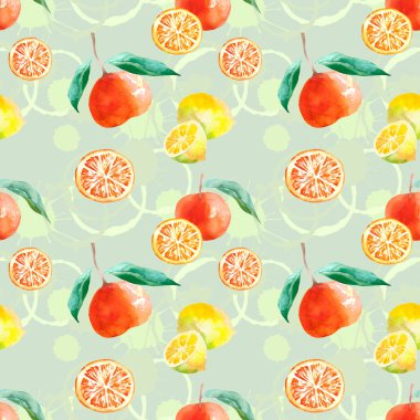 Mandalina ve limon suluboya ile meyvesiz desen. Elle çizilmiş meyve suluboya. Soyut arkaplanda yiyecek çizimi.