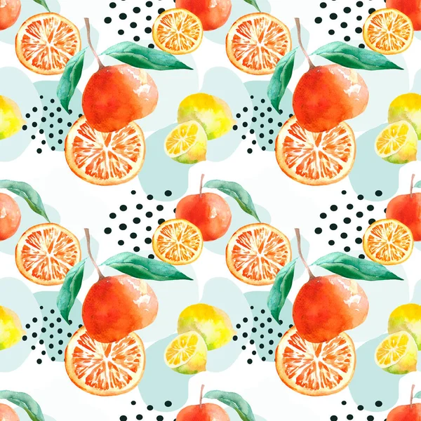 Fruits seamless pattern with mandarine and lemon watercolour. Hand drawn fruits watercolour. Food illustration on abstract background.