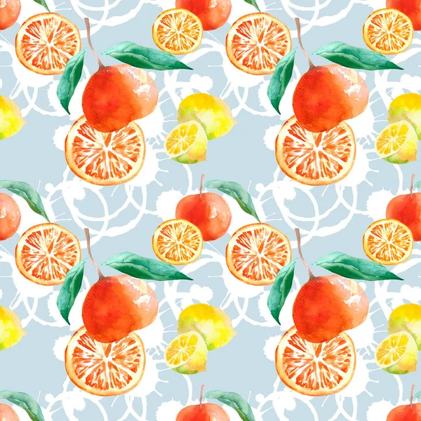 Fruits seamless pattern with mandarine and lemon watercolour. Hand drawn fruits watercolour. Food illustration on abstract background.