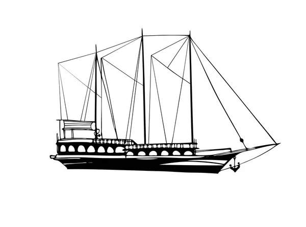 海賊船だ 海賊スクーナー ヴィンテージ喜び船 海の中で古い船 手描きスケッチ 線画だ 白の背景に黒と白のベクトルイラスト — ストックベクタ