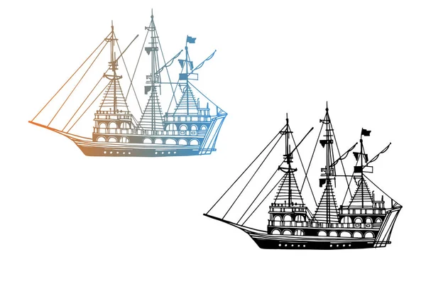Два Винтажных Корабля Старые Лодки Море Пиратские Шхуны Ручной Рисунок — стоковый вектор